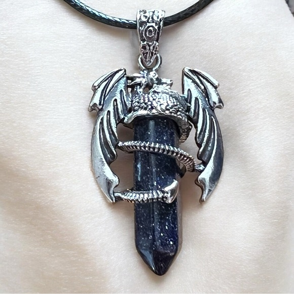New Dragon Blue Sandstone Hexagonal Amulet Chakra Pendant Necklace w Cord - Picture 1 of 8